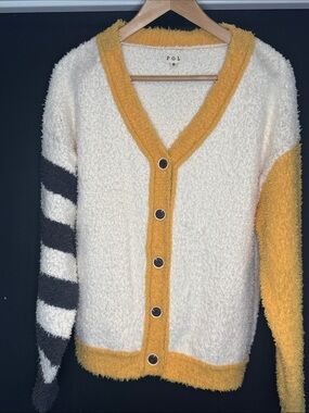 POL Fuzzy Colorblock Cardigan Cream Yellow Striped Sleeve Cozy S NWOT